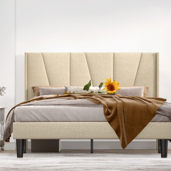 Strong Wood Slat Support King Beige Bed