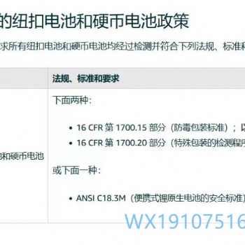 ANSI C18.3M紐扣電池和硬幣電池16CRF1700.15和16CFR1700.20標準